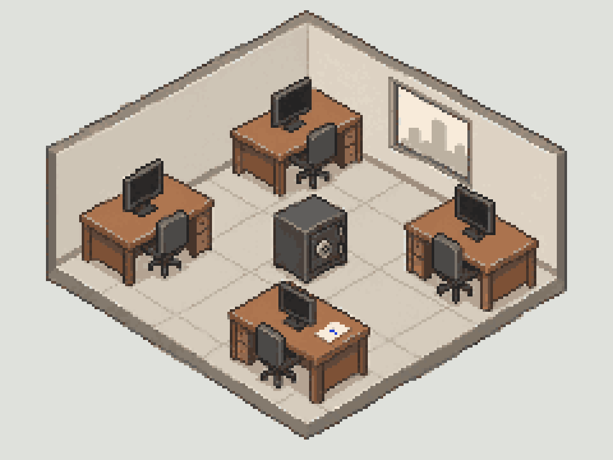 The crew studio: desks around a floor safe